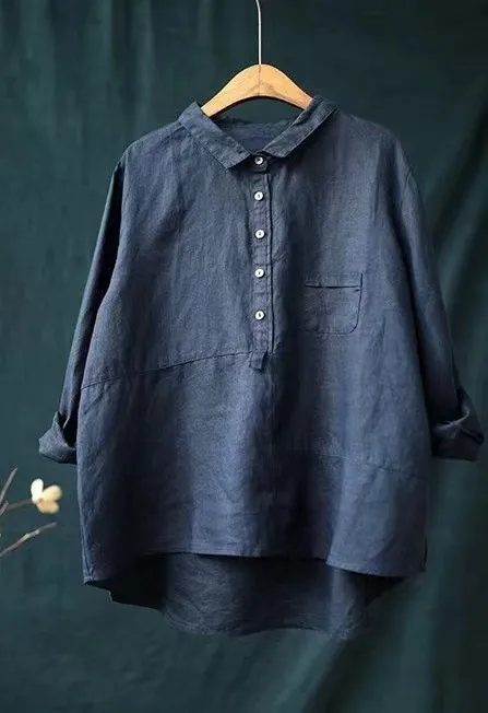 Casual Loose Solid Color Linen Shirt For Women Navy Blue - Shop at LoveMi