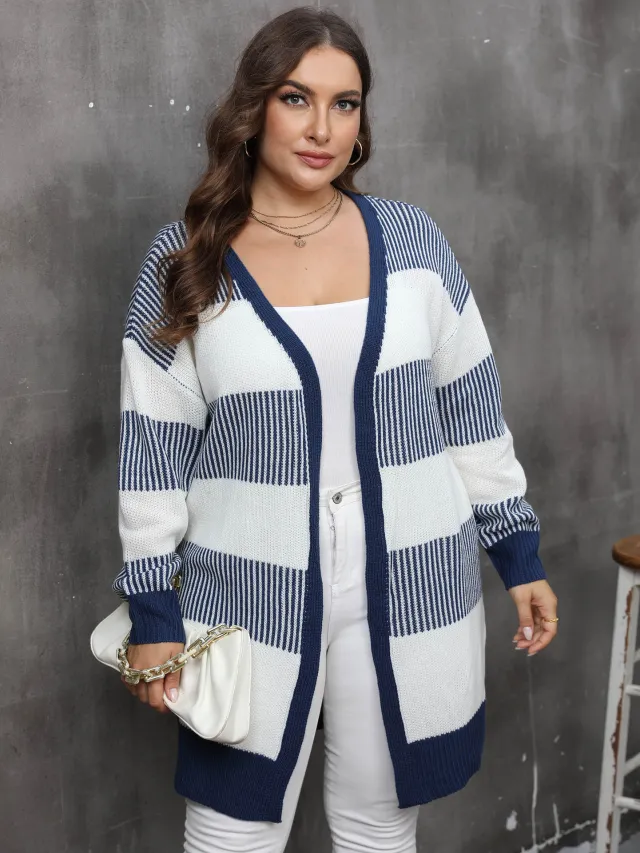 Contrast Color Striped Stitching Woven Casual Sweater Coat Blue - Shop at LoveMi
