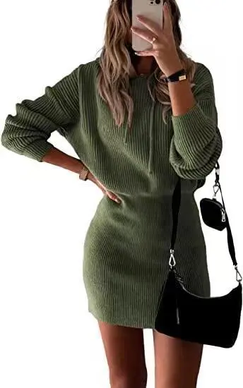 Women's Fashionable Elegant Knitted Hooded Dress 044 Olive - Shop at LoveMi