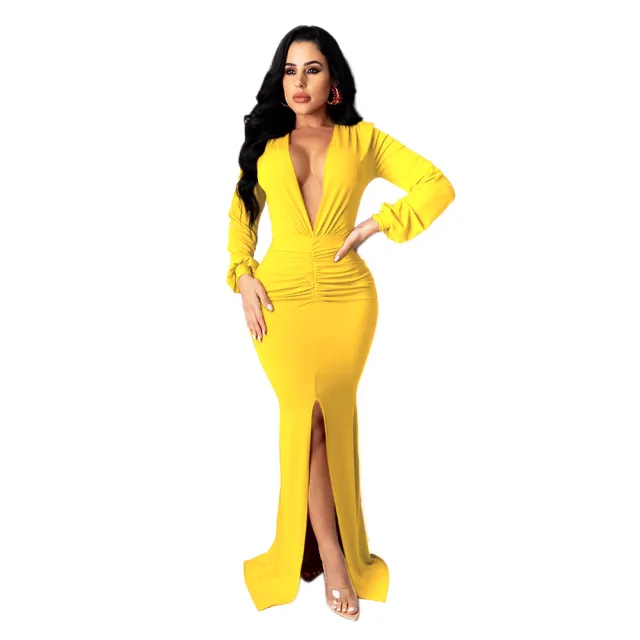 Women's Large V neck Slim fit Nightclub Evening Dress Yellow - Shop at LoveMi