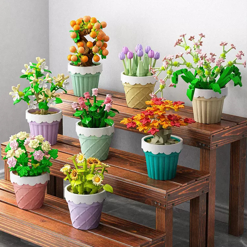 Bouquet Plant Potted Rose Handmade DIY Assembling Puzzle Building Blocks Toy Children Gifts