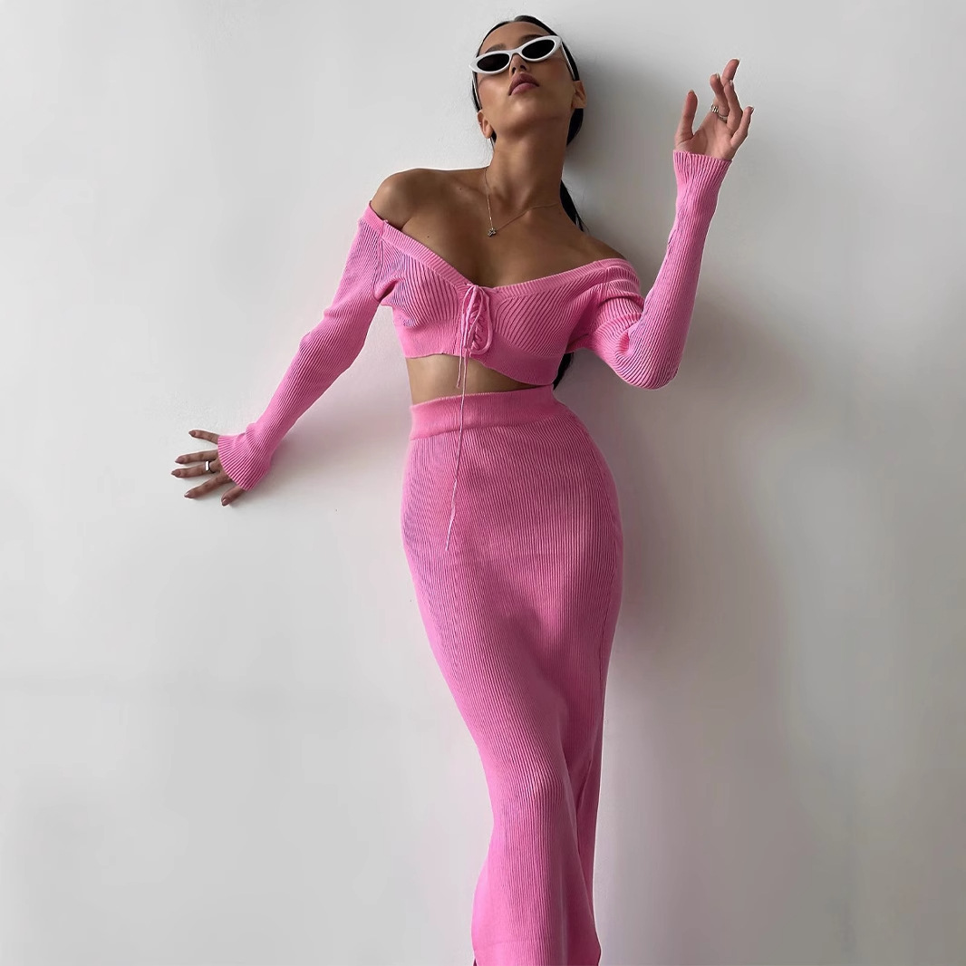 Autumn Winter Sexy Long Sleeve Sweater Dress Two-piece Set Skinny Knit