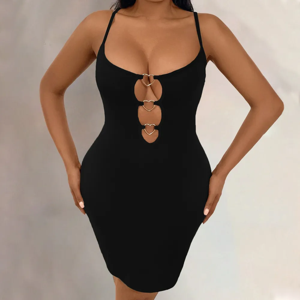 Fashion Low-cut Slim Sexy Hollow-out Spaghetti Strap Dress - Black