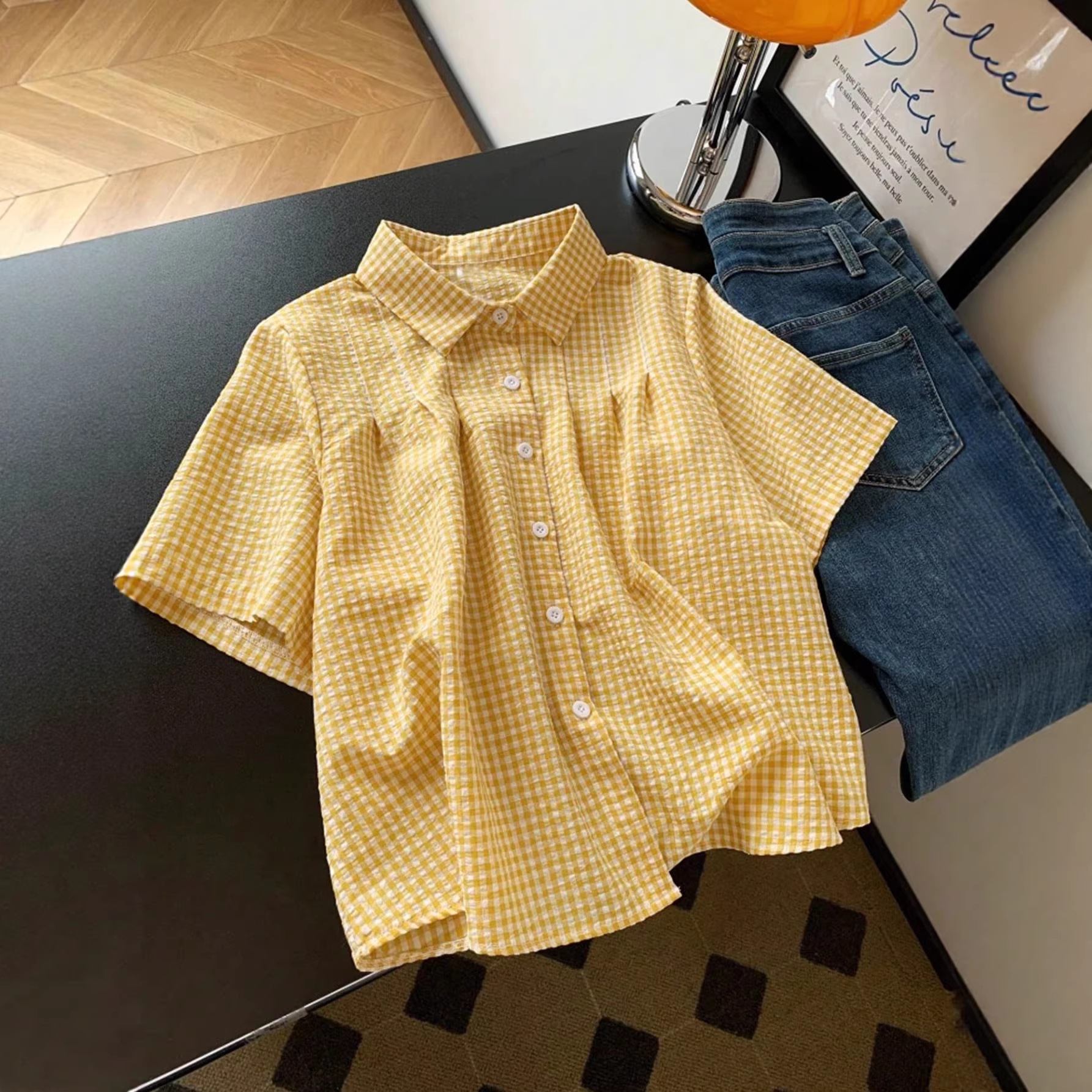 Womens Stylish Lapel-neck Loose-fit Plaid Shirt