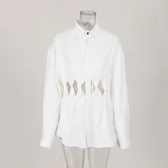 Kinked Hollow Out Stitching Design Long-sleeved Shirt Loose Single-breasted Niche - White - View 1