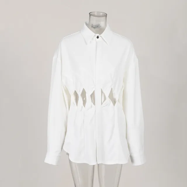 Kinked Hollow Out Stitching Design Long sleeved Shirt Loose Single breasted Niche White - Shop at LoveMi