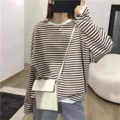 Women's Loose Cotton Casual Striped Sweater - Brown - View 1