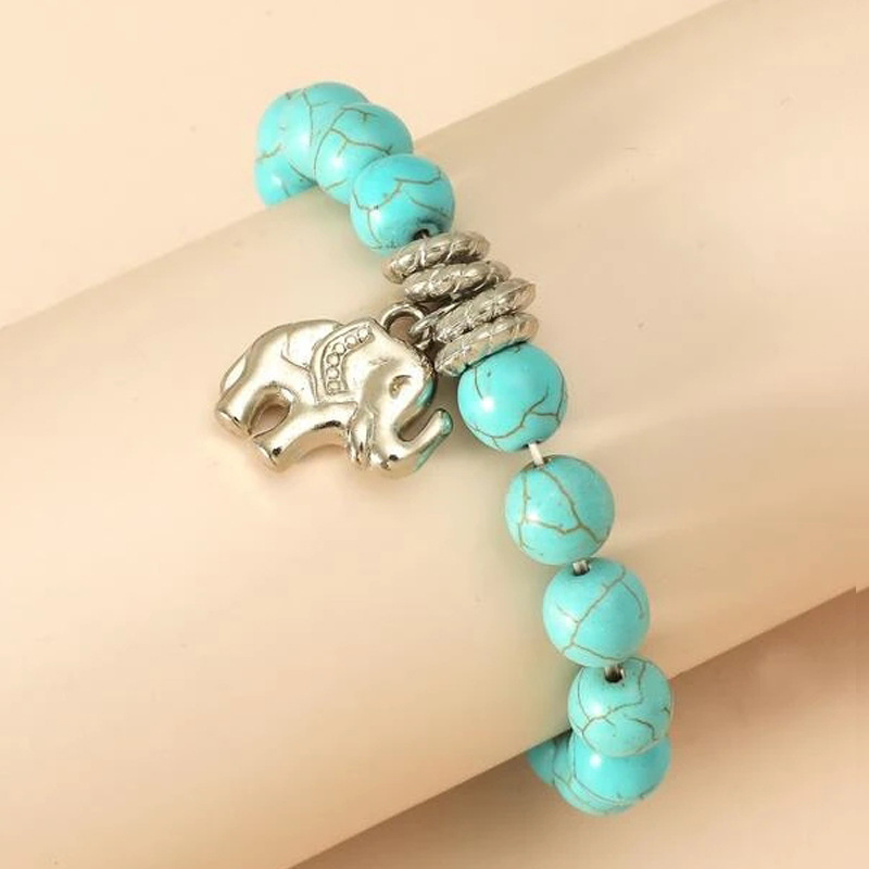 Bohemian Retro Stretch Turquoise Bracelet Antique Silver Elephant Owl Pendant Blue Ethnic Style Bracelet Wholesale