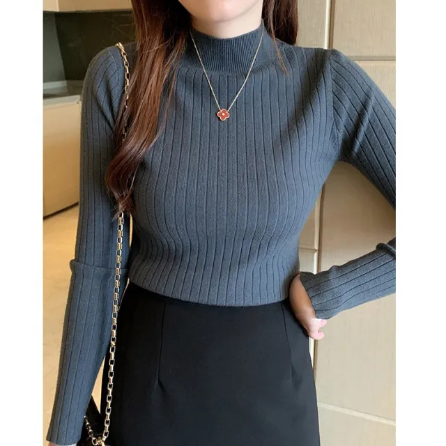 Half Turtleneck Bottoming Shirt Women's Long sleeved Sweater Top Blue - Shop at LoveMi