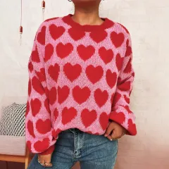 Fashion Colour Contrast Knitted Pullover Round Neck Love Loose Sweater - Red - View 1