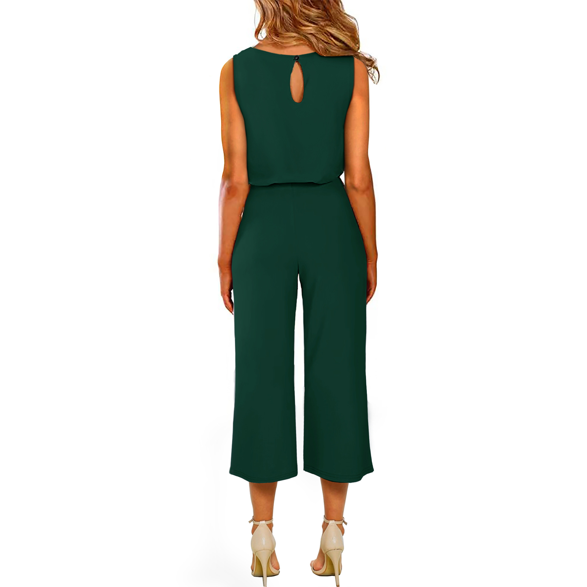 Women's V-neck jumpsuit in wine green – belted short sleeve straight-leg elegant style