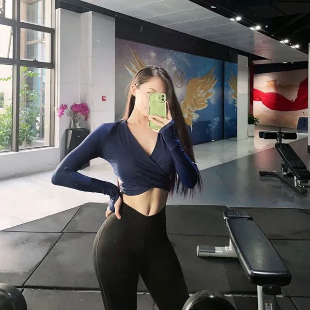 Yoga Clothes Long Sleeve Cross Sexy Women's Detachable Chest Pad Purplish Blue - Shop at LoveMi