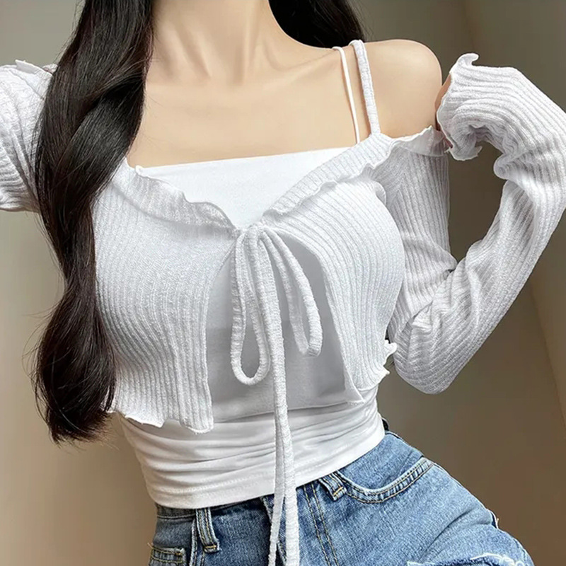 Off-Shoulder Slim-Fit Lace-Up Long-Sleeve Cardigan T-Shirt