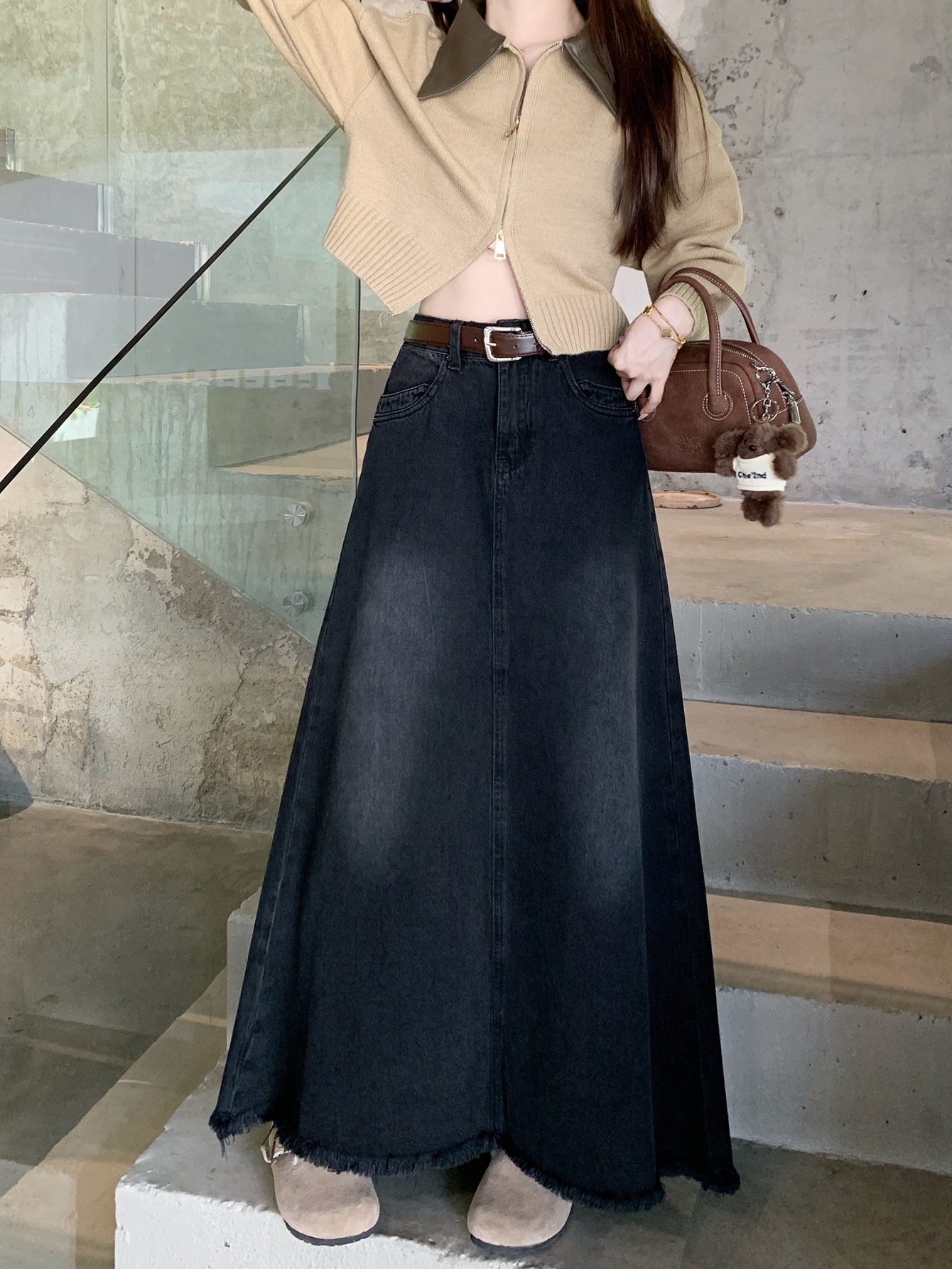 Spring And Autumn Korean Style High Waist Denim Midi Skirt Women's Retro Washed Frayed Edges A99f109a 771b 474f 86f3 Ddc5d3bb2c72