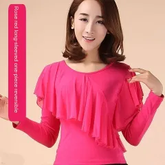 Square Dance Clothing Mesh Round Neck Latin Dance Dancing Practice Clothes - Rose Red Long Sleeve Top - View 1