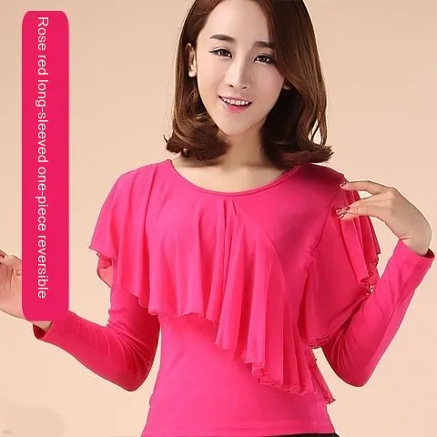 Square Dance Clothing Mesh Round Neck Latin Dance Dancing Practice Clothes Rose Red Long Sleeve Top - Shop at LoveMi