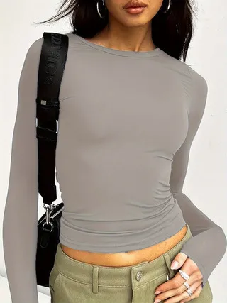 Women's Round Neck Long Sleeve T shirt Top Gray - Shop at LoveMi