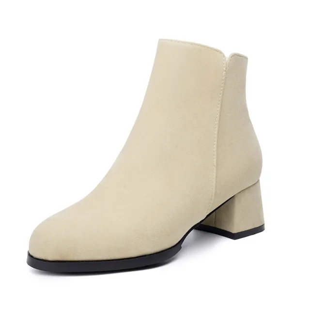 Pointed toe Frosted Suede Side Zipper Chunky Heel Mid Heel Plus Size Female Boots Apricot - Shop at LoveMi