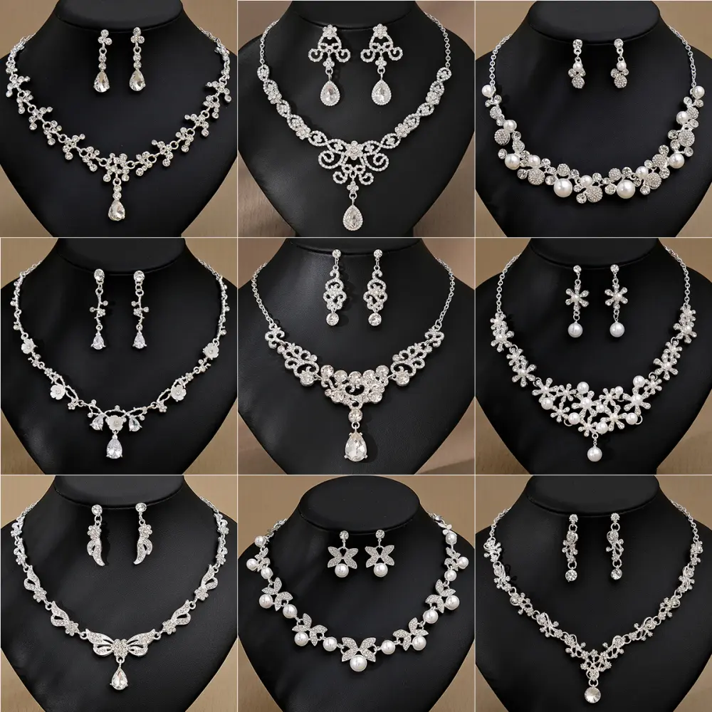 Rhinestone Pearl Earrings and Necklace Set Women