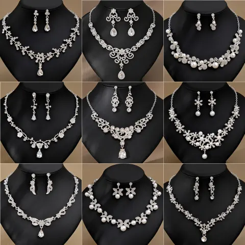 Rhinestone Pearl Earrings and Necklace Set Women