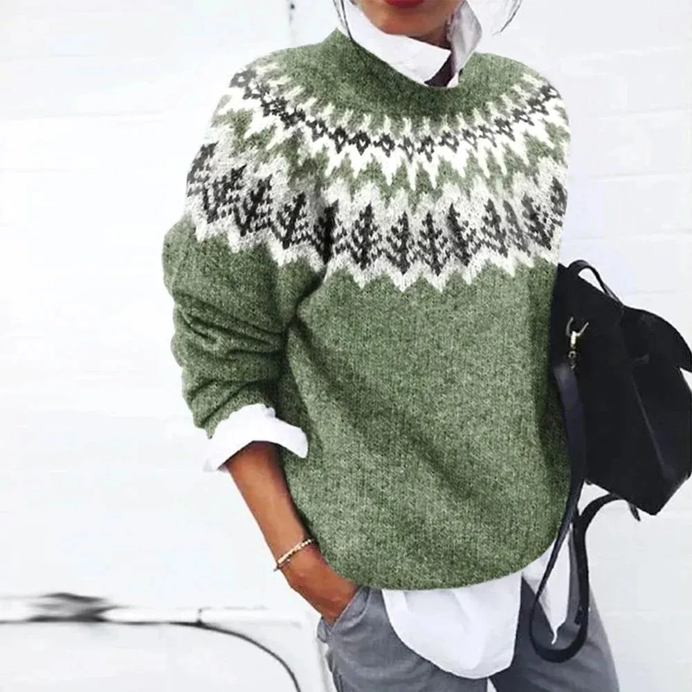 Pattern Women's Printed Wear Crew Neck Casual Sweater - Yellow Green