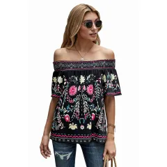 Women's Printed T-shirt Loose Off Shoulder Top - Black - View 1