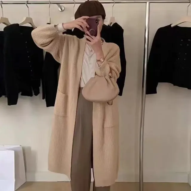 Autumn And Winter Korean Style Lazy Wind Coat Long Sweater Coat Khaki - Shop at LoveMi