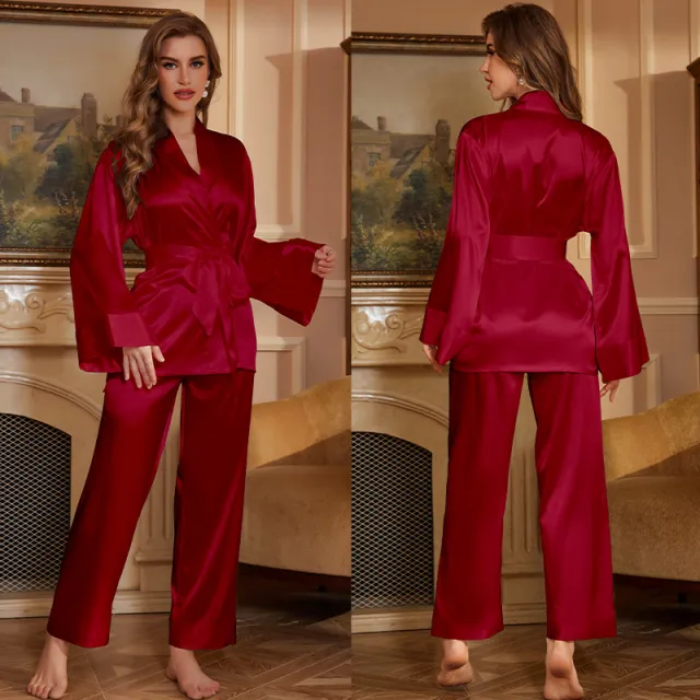 Solid Color Nightgown Trousers Home Wear Two piece Set Wine Red - Shop at LoveMi