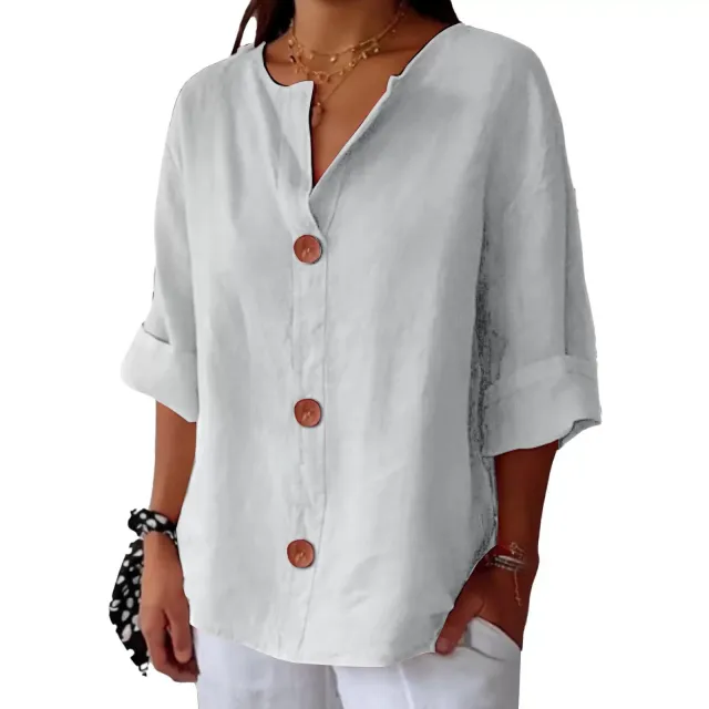 Loose Comfort And Casual V neck Cotton And Linen Button Top White - Shop at LoveMi