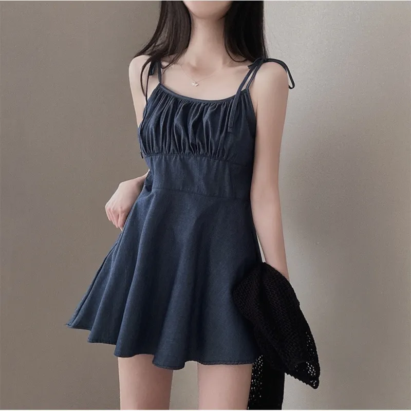 Vintage Crumpled A- Line Tied Spaghetti-strap Dress - Dark Blue