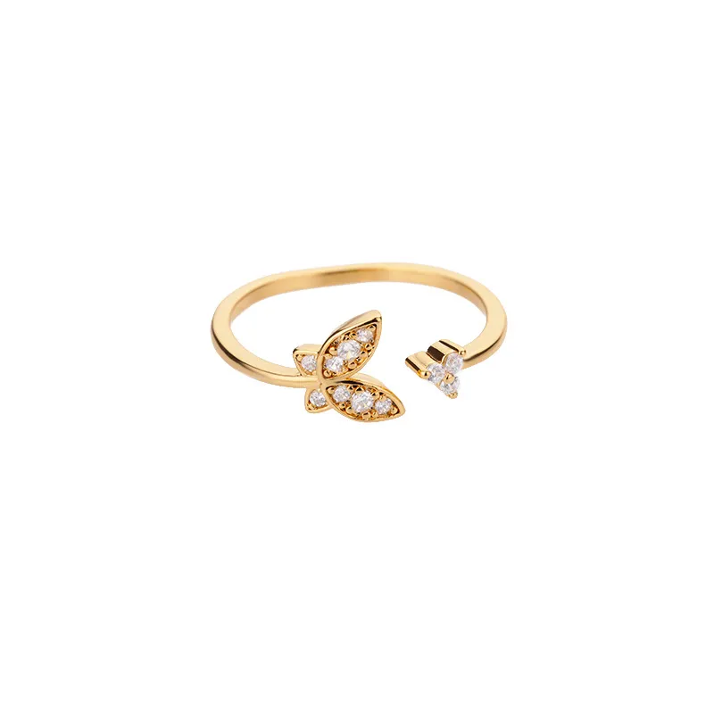Personality Zircon Butterfly Exquisite Three-dimensional Adjustable Ring - Gold