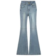Women's Retro Double-button Skinny Jeans - Light Blue Lengthened - View 1