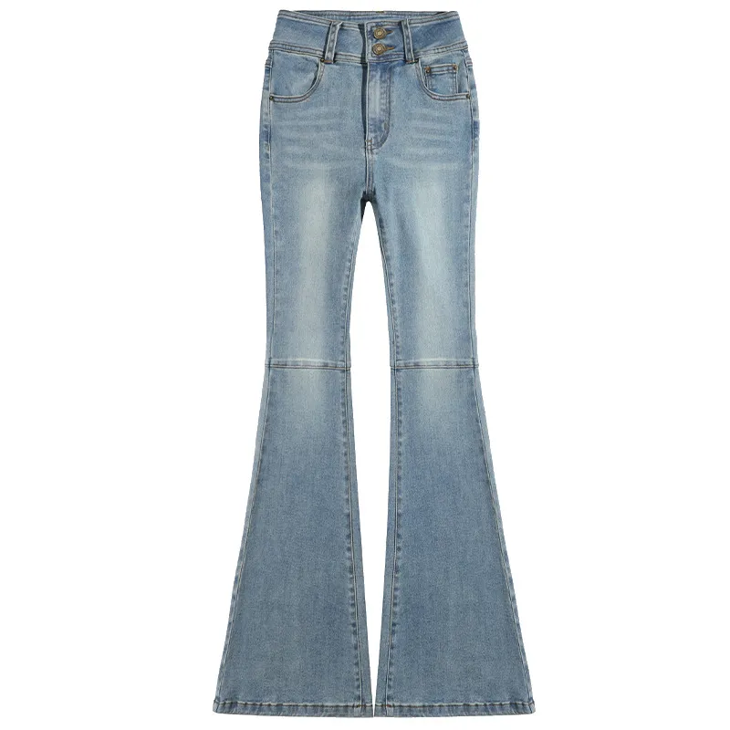 Women's Retro Double-button Skinny Jeans - Light Blue Lengthened