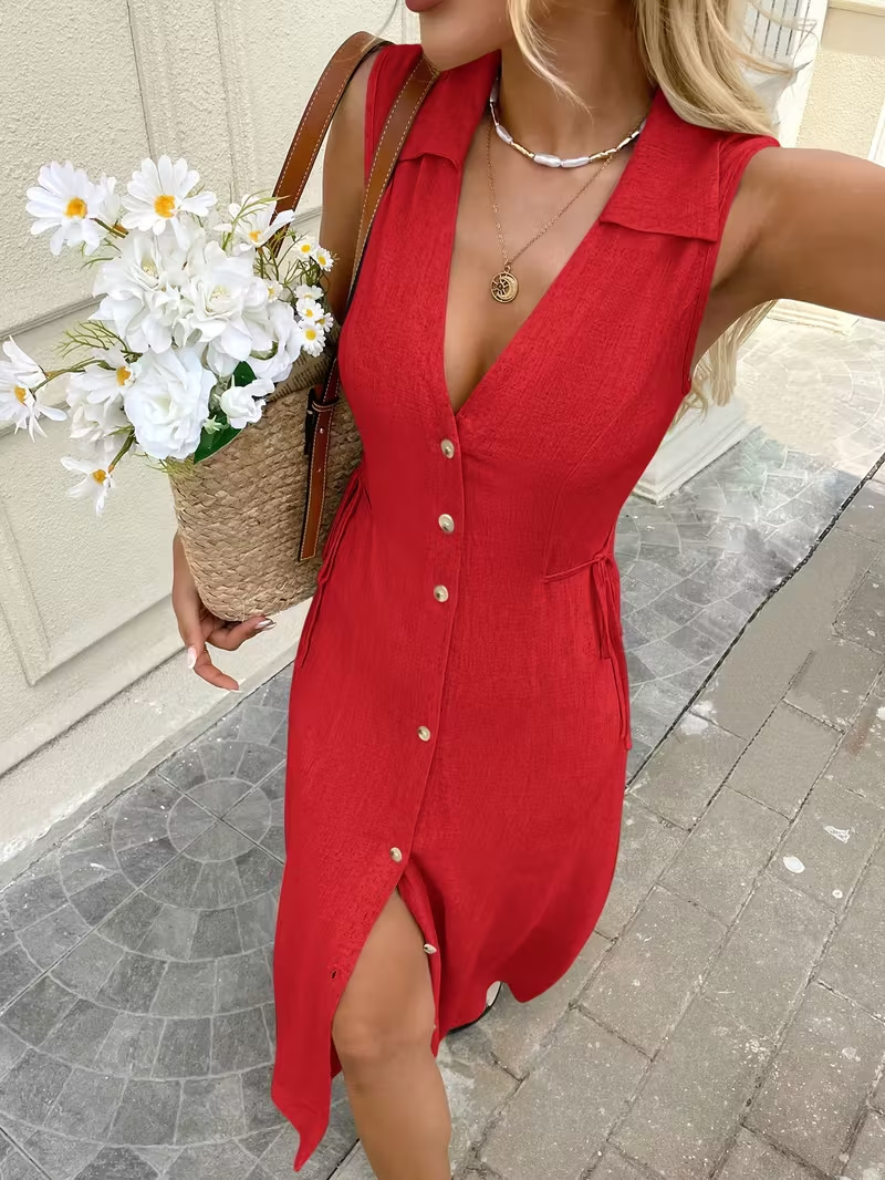 Solid Color And V neck Bohemian Sleeveless Button Dress Red - Shop at LoveMi