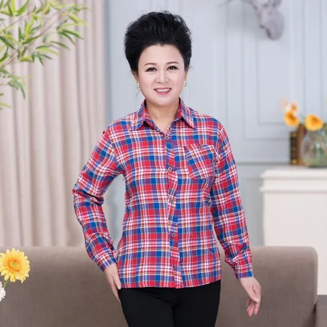 Middle aged And Elderly Women's Loose Long sleeved Slim fit Plaid Shirt No 4 Color - Shop at LoveMi