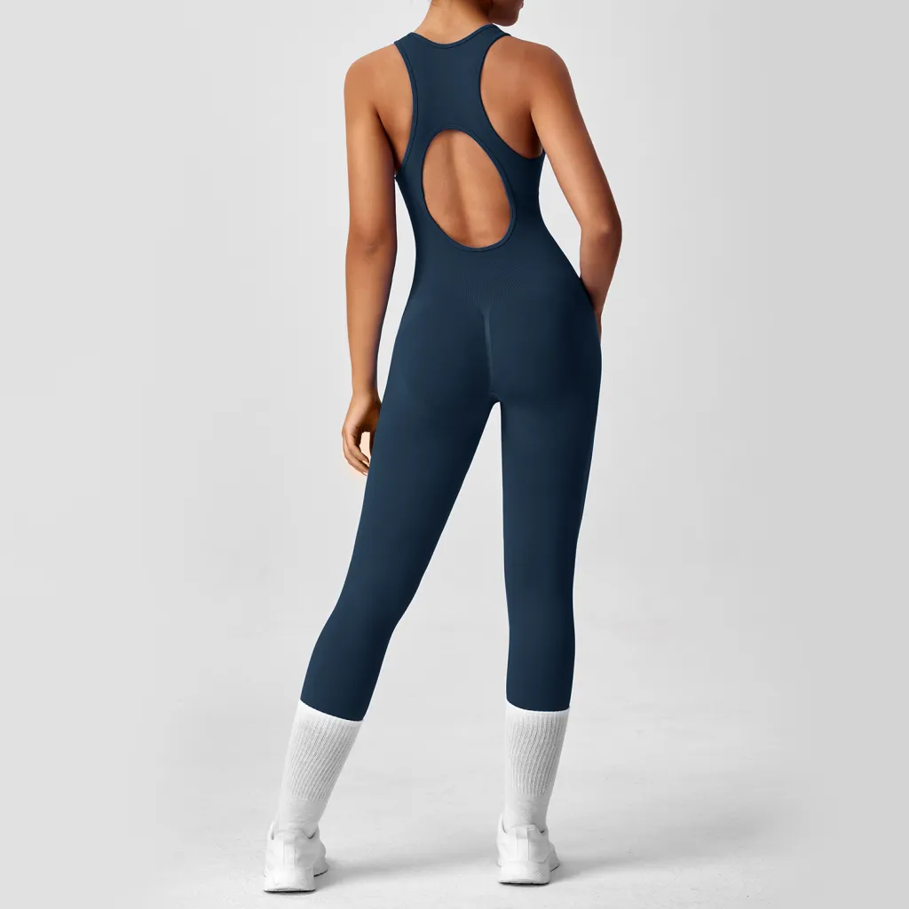One-piece Yoga Pants Running Fitness Jumpsuit - Navy Blue
