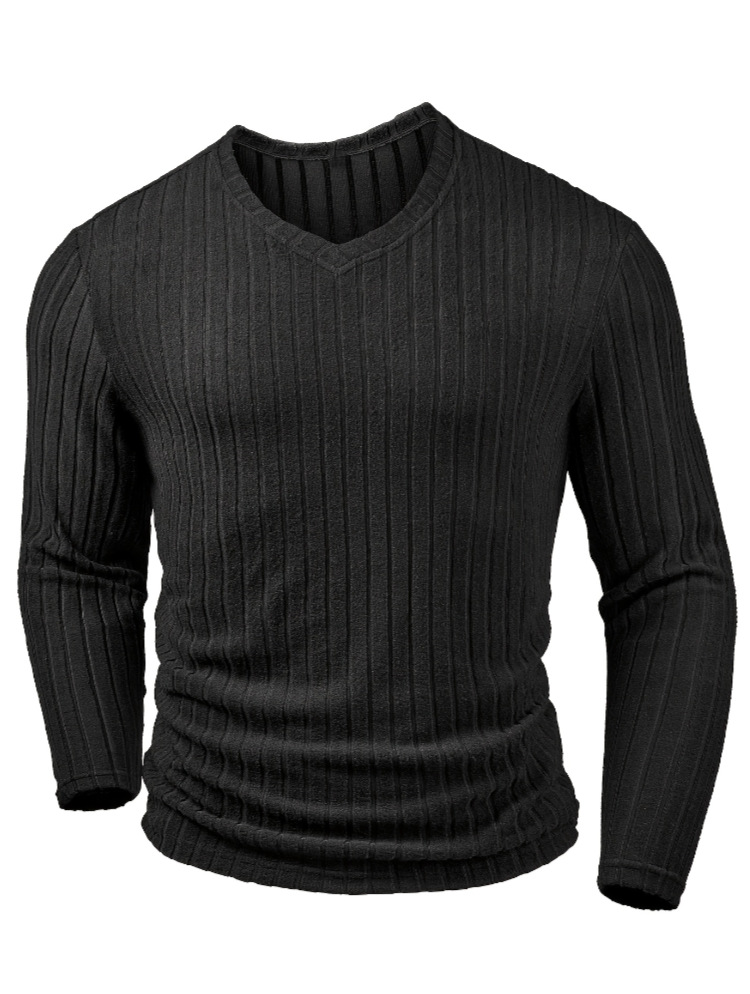 Men's ribbed V-neck sweater detail