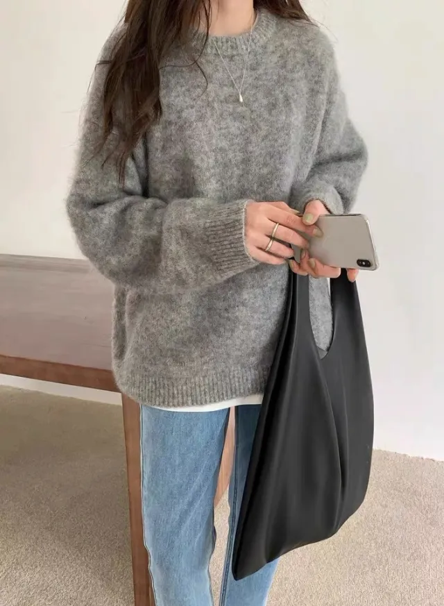 Super Fairy Milky Yellow Mohair Pullover Sweater For Women Gray - Shop at LoveMi