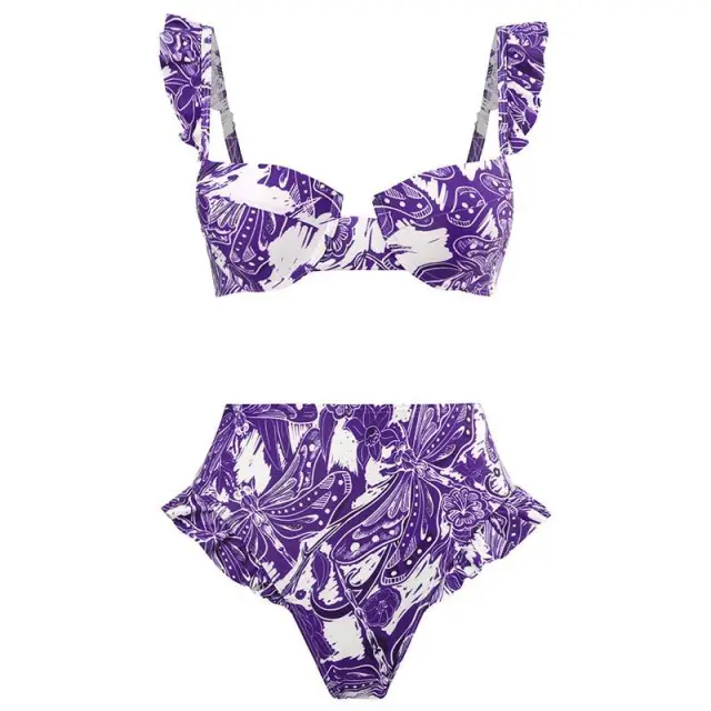 Push Up Three piece High Waist Split Swimsuit Suit Mesh Long Dress Purple Dragonfly - Shop at LoveMi