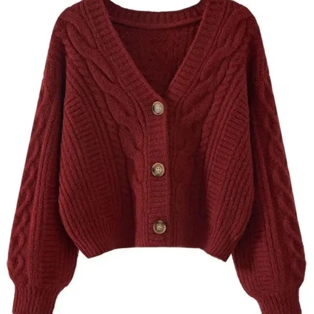 Retro V neck Knitted Cardigan Women's Short Sweater Purplish Red - Shop at LoveMi