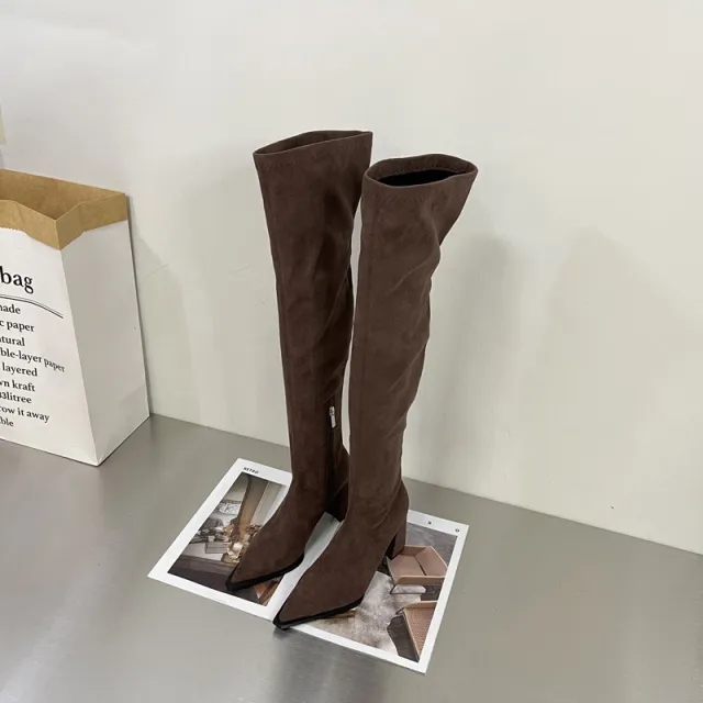 Chunky Heel High Heel Long Suede Zipper Stretch Thin Boots Brown - Shop at LoveMi
