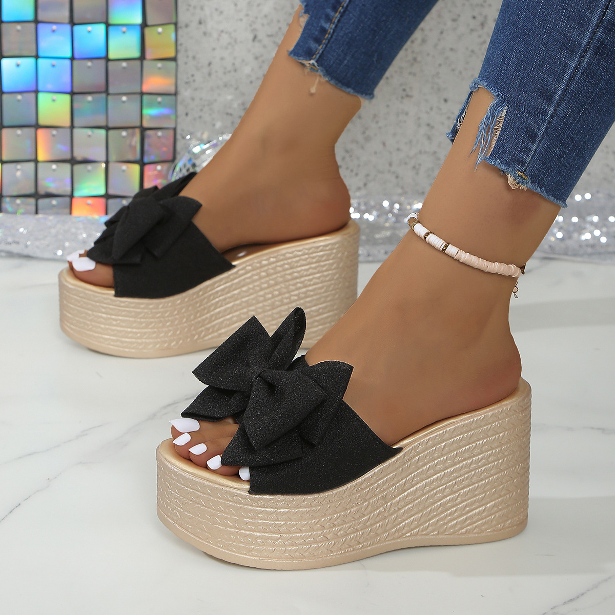 Bow-Decorated Wedge Sandals