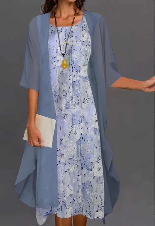 Printed Long Sleeve Loose Multi-color Two-piece Set Dress – Blue 1, S