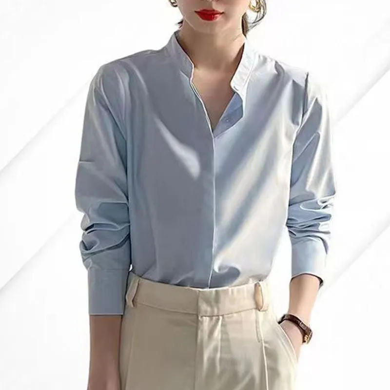 Women's Checkered Vintage Satin Shirt - Stand Collar Hidden Hook Blue