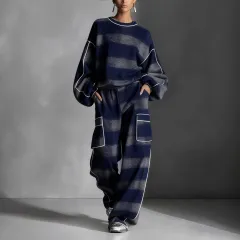 Women's Independent Brand Street Style Distressed Plaid Pantsuit With Contrasting Piping - Blue And Gray - View 1