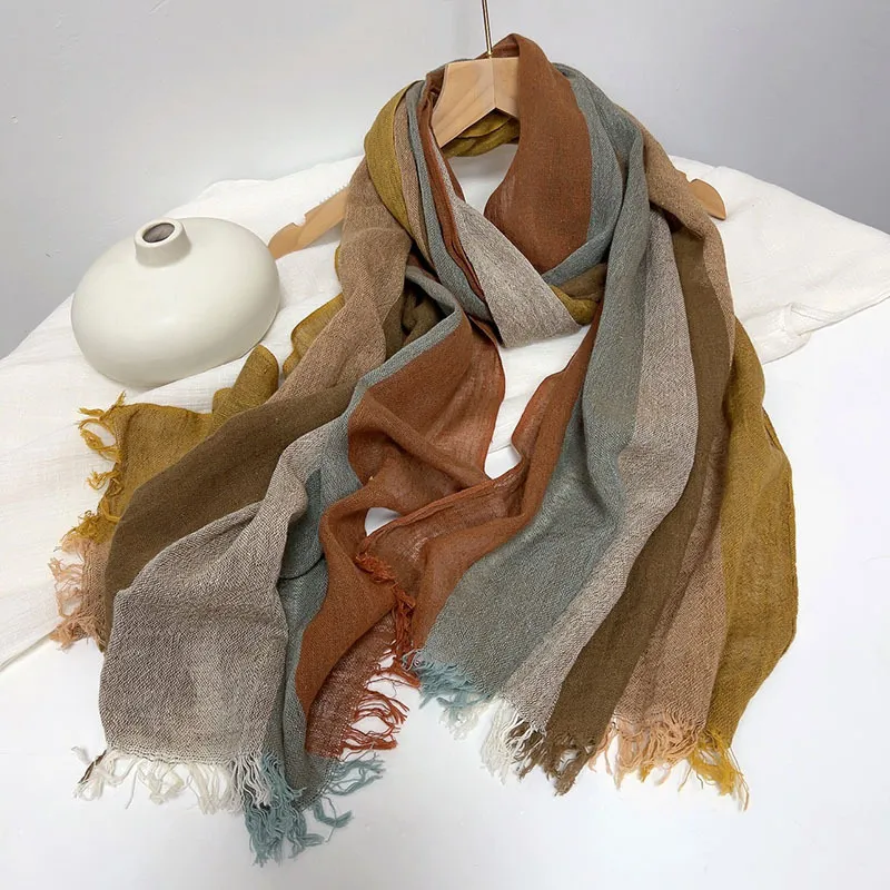Cotton And Linen Stripes Scarf Soft Neck Scarf Ladies Outing Shawl - Cotton And Linen Stripes