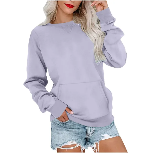 Women's Pin Solid Color Round Neck Loose Long sleeved Sweater Purple - Shop at LoveMi