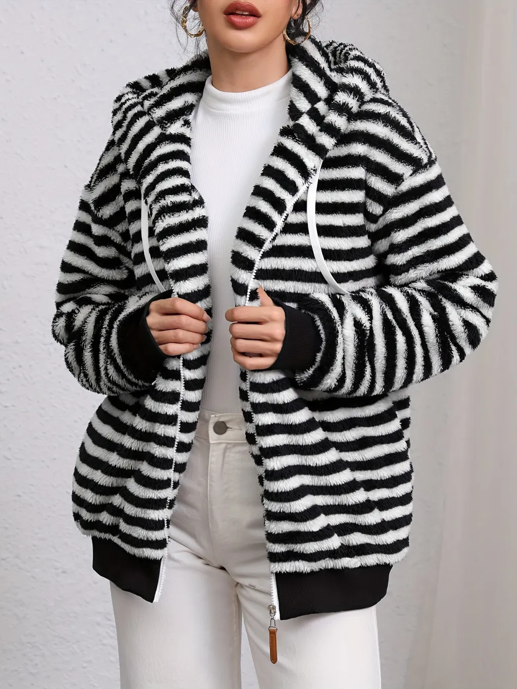 New Lazy Plush Design Black And White Striped Hooded Jacket - White