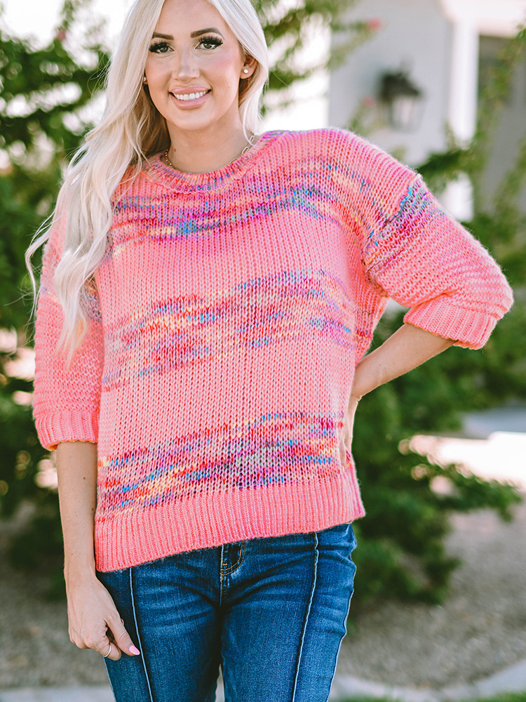 European And American Leisure Color Stripes Contrast Color Loose Crew Neck Pullover Sweater