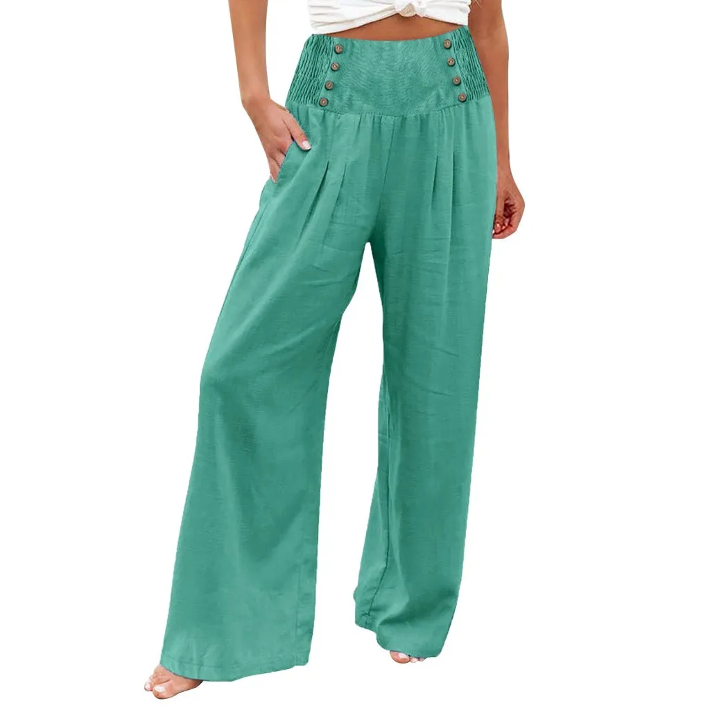 Casual Elastic High Waist Women's Cotton Linen Wide Leg Pants - Mint